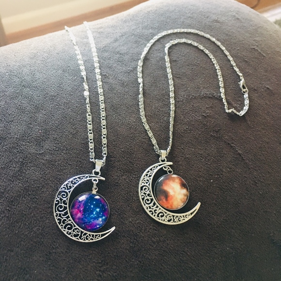 Dome Galaxy Crescent Moon Silver Necklace - Picture 3 of 3
